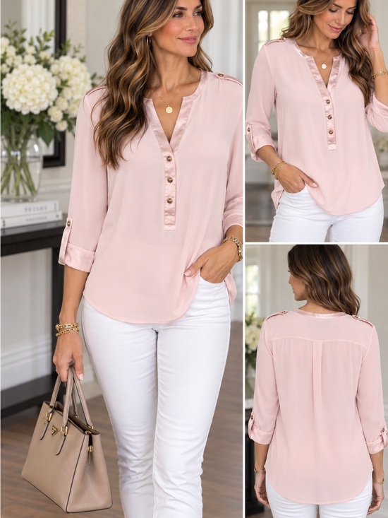 White House Black Market Tops - White House Black Market Soft Blush V-Neck Button-Trim Blouse